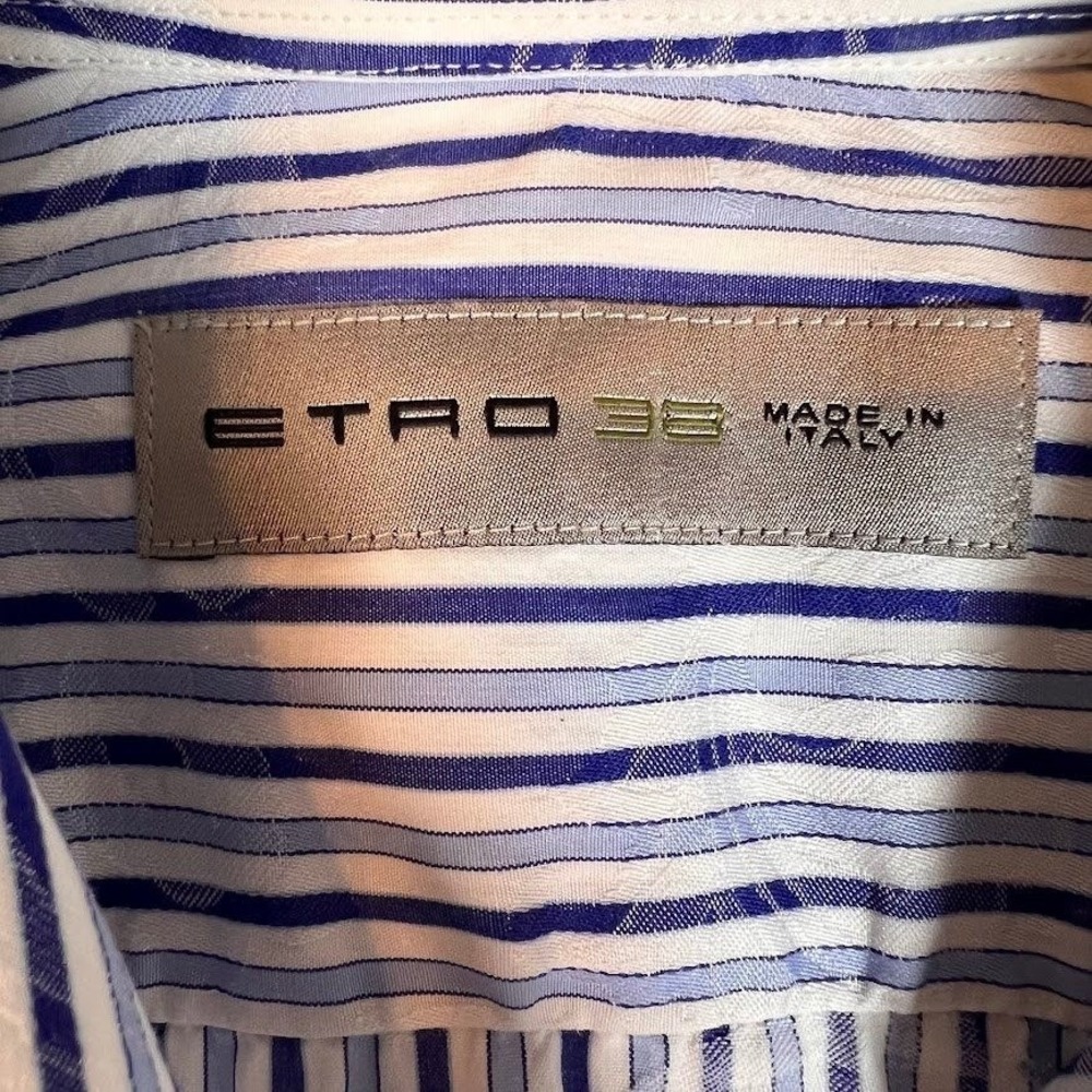 Etro Milano Mens Blue White Striped Paisley Jacquard Dress Shirt Size 38 Italy - Picture 3 of 8